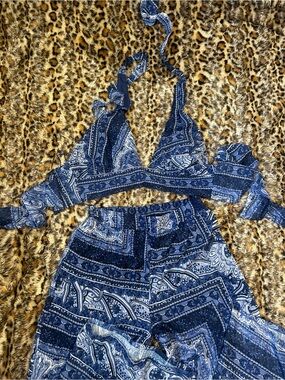 Fashion Nova Blue Paisley Halter Crop Top & Wide Leg Pants Set